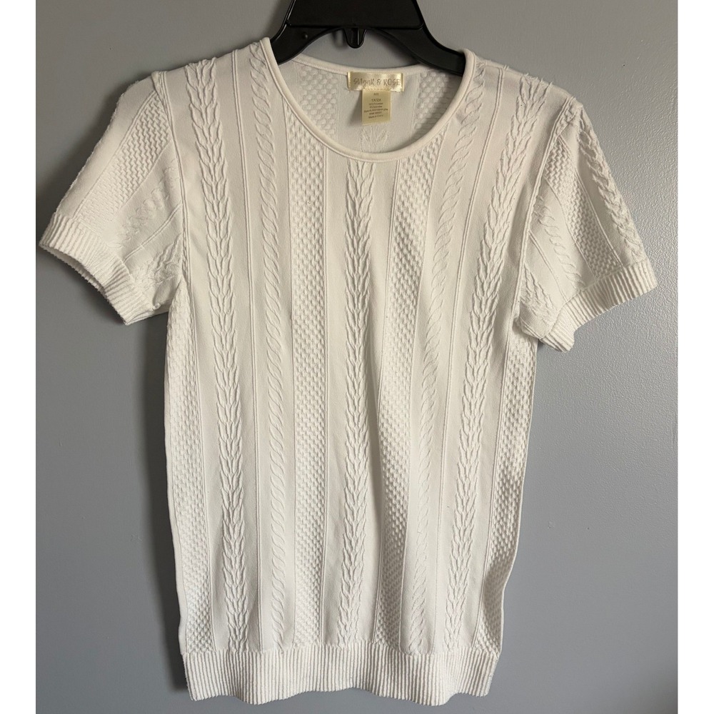 Sugar & Rose White Cable Knit Short Sleeve Top Crew Neck  Women 1X/2X